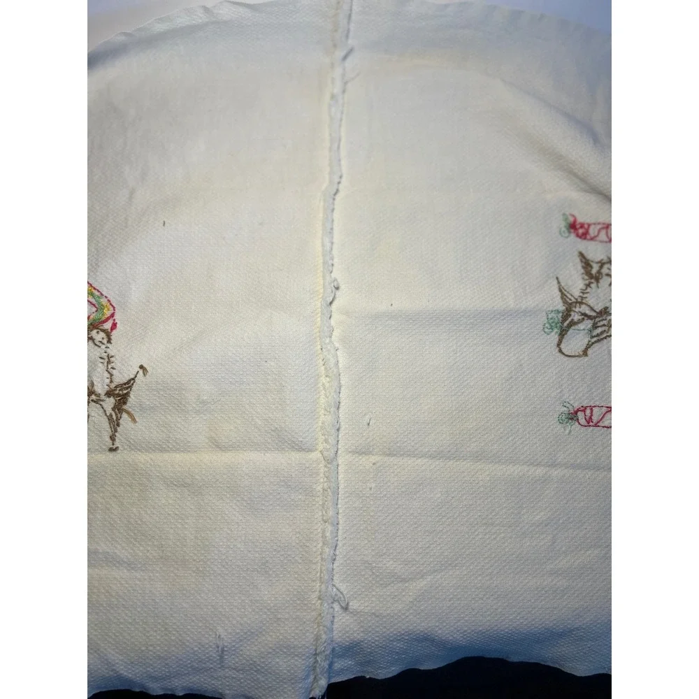 Vintage Hand Embroidered Tea Towel Birds Cuckoo Clock Cattails White Cotton